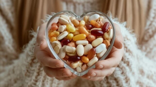 Hands holding heart-shaped glass container filled with colorful various vitamin supplement capsule and pill tablets for health care and wellness