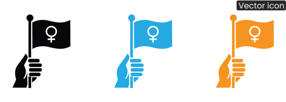 Vector icons of hands holding female symbol flags in black, Blue, And orange on white background