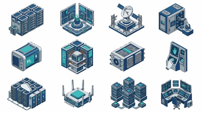 Isometric Technology Server Room Data Center Icons.