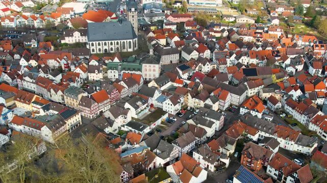 Aerial view beside the old town above the city Lich in Germany, on a sunny afternoon in autumn.