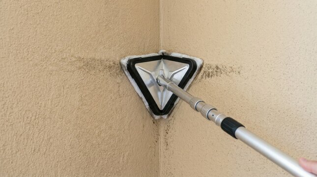 Cleaning wall corner with extension pole and brush on sandy surface