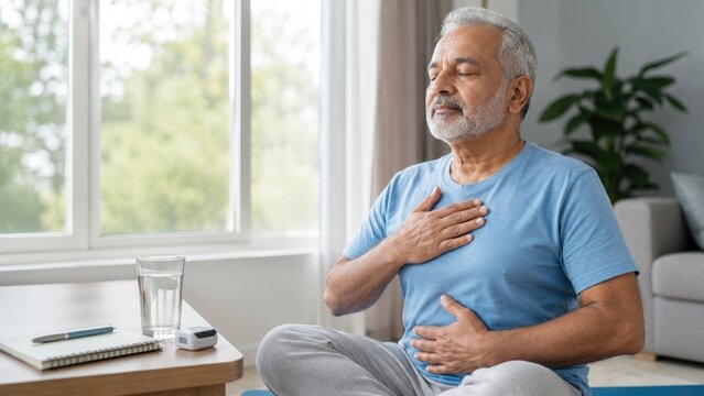 Elderly man seated cross-legged practicing deep breathing with hands on chest and abdomen in a calm living room
