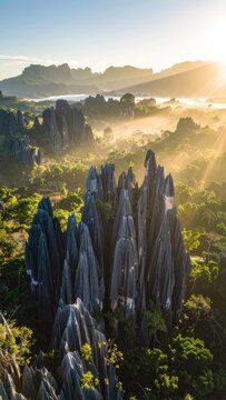 Sunlight filters through mist over jagged limestone peaks and lush green forests at sunrise.