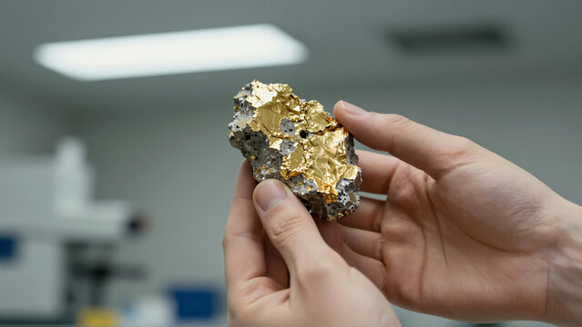 Close-up view of a human hand holding a precious gold mineral specimen, suggesting a significant mining discovery. This raw natural element signifies wealth and investment potential in sc