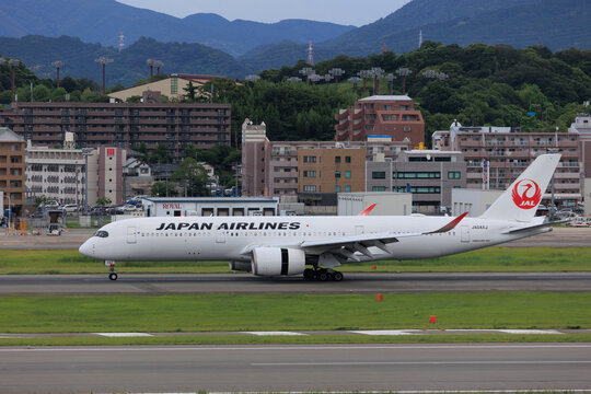 A Japan Airlines (JAL) Boeing 767 taxiing at Fukuoka Airport on July 19, 2025 in Fukuoka, Japan.