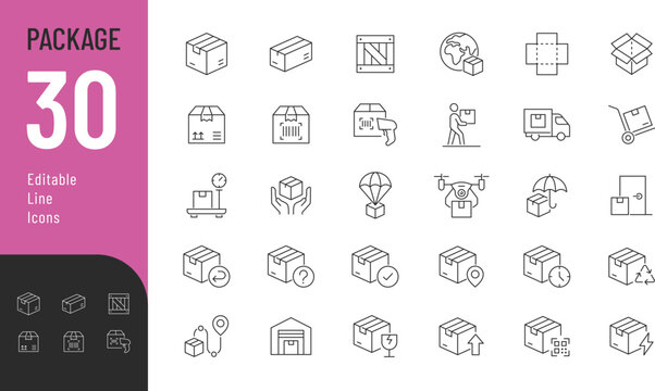 Package Line Editable and Solid Icons set. Vector illustration in a modern thin line style of delivery related icons: shipping, box, parcel, and more. Isolated on transparent background.