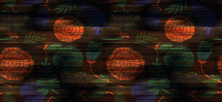 Seamless dark wood texture featuring hand-drawn orange and green floral motifs.