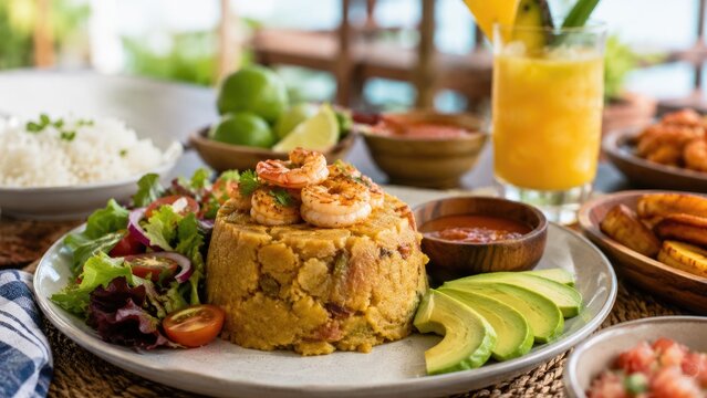 Plated mofongo with grilled shrimp, sliced avocado, mixed salad, white rice and sauces served with a tropical drink on a rustic table