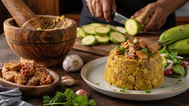 Mound of mofongo topped with savory pork, garlic and cilantro, with sliced green plantains and wooden mortar in a rustic kitchen scene