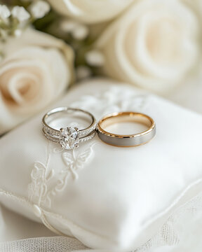 Close up of luxurious diamond engagement ring and gold wedding band on white satin pillow with soft white roses backdrop. Wedding and marriage celebration concepts. Love symbolism with copy-space.