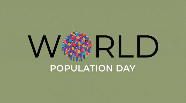 World Population Day concept with diverse crowd forming a globe, global community and demographic growth illustration on green background