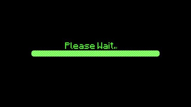 Please wait message with green progress loading bar interface software computer
