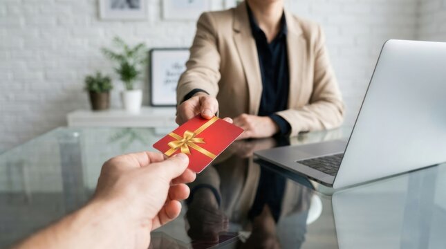 Hand giving gift card to person working on laptop in modern office setting
