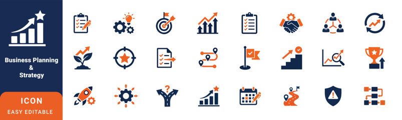 Business planning and strategic management flat icon set. Modern blue and orange corporate icons for marketing, financial success, data analytics, teamwork, and startup growth. © SUSAMA