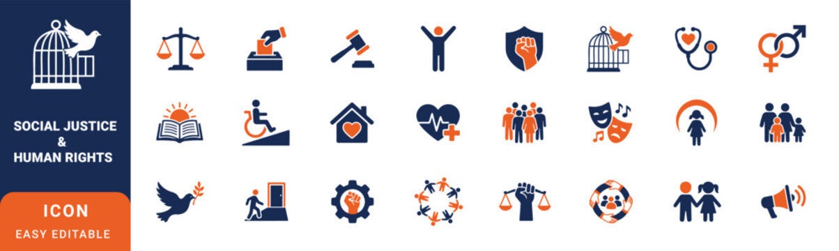 Social justice and civil rights flat icon set. Conceptual blue and orange icons for human rights, law, equality, courtroom justice scales, freedom, and community unity.