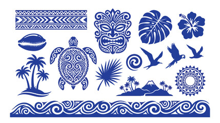 Polynesian tribal vector set, traditional Hawaiian tattoo elements, tropical island design collection with turtle, tiki mask, and hibiscus flower, perfect for travel and cultural projects. © Abida