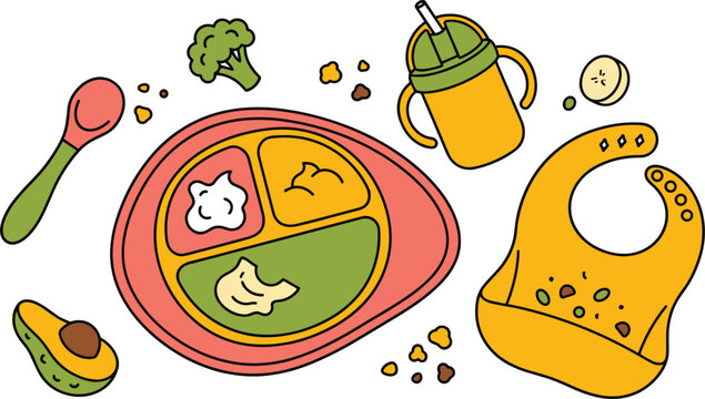 Cute hand drawn vector set featuring baby feeding plate with puree spoon sippy cup silicone bib avocado broccoli banana crumbs elements.Cute hand drawn vector set featuring baby feeding plate .