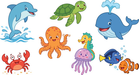 Fototapeta premium Collection of cute sea animal vector illustrations featuring a kawaii sea animal, ocean animal set, and marine life