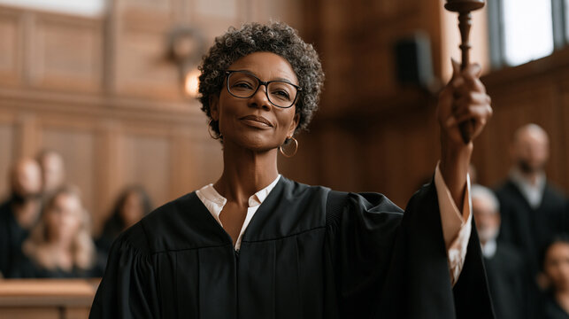 Female judge in formal robes raises wooden gavel in sunlit oak-paneled courtroom, jurors visible in background, representing legal justice system, judicial authority, court