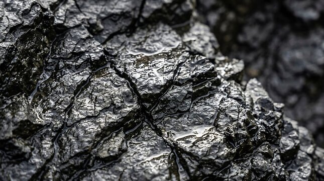 Closeup of wet coal with shiny reflective surface and rugged texture