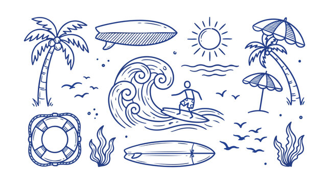 Summer beach surfing vector icon set, hand-drawn ocean surf and tropical vacation elements, marine life and watersports graphics for travel design.