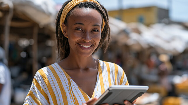 Microfinance field officer in crowded rural marketplace uses tablet to complete KYC identity verification for new loan applicant, biometric capture in progress, financial