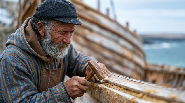 Rain-soaked traditional boatbuilder caulking the seams of an old lobster smack hull drawn up on a stone slipway, oakum mallet tapping cotton into the seam, marine heritage coastal