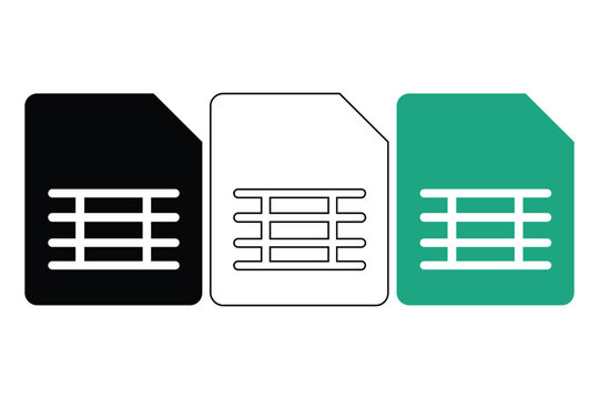 Three different style document icons representing spreadsheets or data tables in black white and green