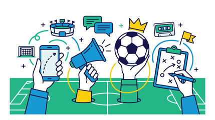Football marketing and strategy vector illustration, soccer game promotion, sports communication, and team planning concept. Digital advertising and social media for sports events. © Abida