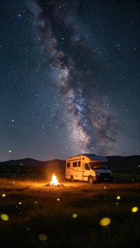 RV camper van parked beside burning campfire on open grass field under bright milky way night sky with glowing fireflies, perfect wild van life outdoor adventure