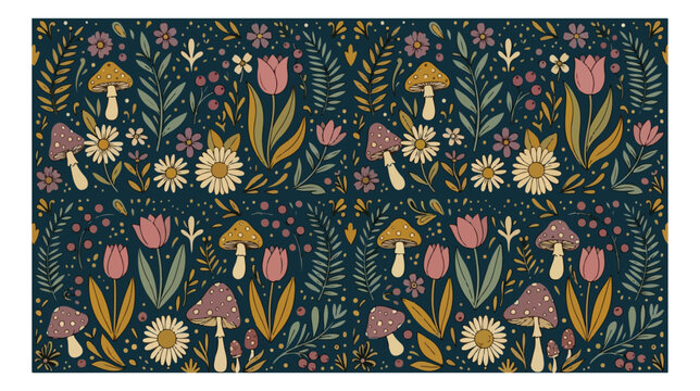 Enchanting dark botanical seamless pattern, whimsical forest flora and fauna, vintage-inspired mushroom and flower vector illustration, ideal for textile, wallpaper, and digital backgrounds.