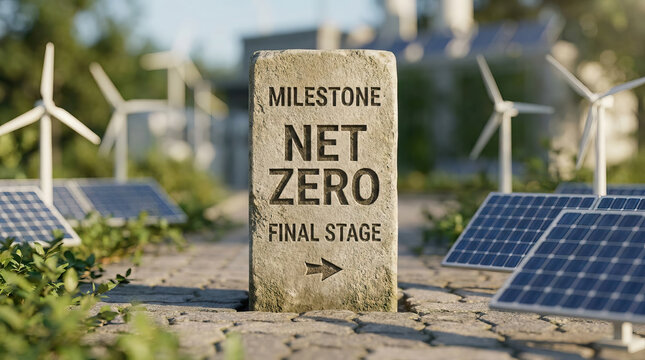 Net zero milestone stone stands among solar panel and wind turbine models symbolizing renewable energy and sustainability efforts for cleaner future and environmental balance