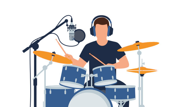 Drummer vector playing blue drum kit in a music studio