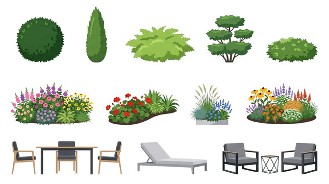 landscape garden plants shrubs flowering beds outdoor furniture elevation illustration vector set
