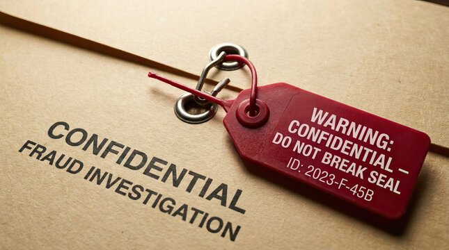 Confidential fraud investigation folder with warning tag and seal, emphasizing security and privacy for sensitive documents in office or legal environment