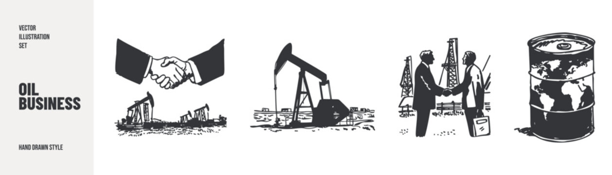 Close up handshake sketch near oil pump jack. Vector element for energy sector agreements and international trade deals, hand drawn style.