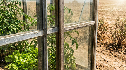 Fototapeta premium Greenhouse glass plant dry soil drought energy crisis agriculture environment nature sunlight garden farming growth leaf outdoor summer heat climate vegetable crop ecology field landscape natural