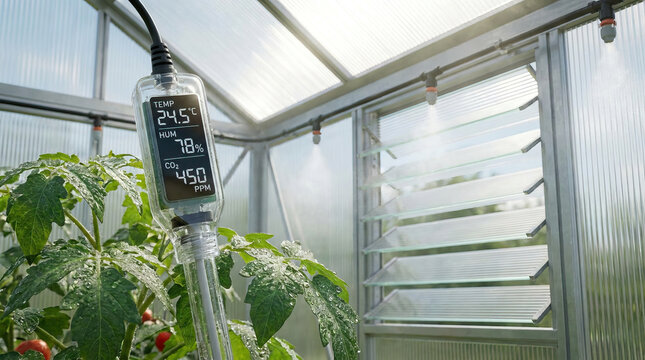 Digital temperature humidity CO2 sensor in greenhouse showing 24.5&deg;C 78% humidity and 450 ppm carbon dioxide with fresh green tomato plant leaves in energy crisis environment