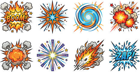 Comic book style dynamic explosion and burst effects icon set with boom and zap speech bubbles vector © Mstogifa