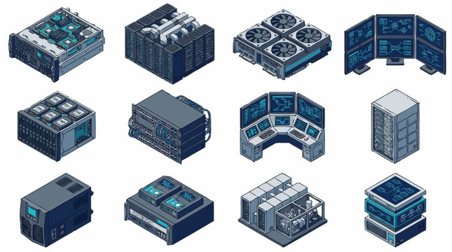Collection of futuristic server racks and data center equipment.