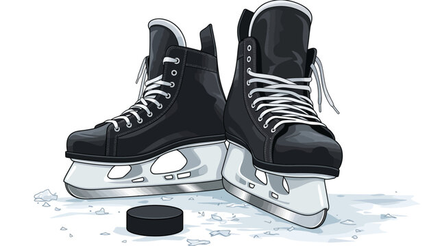 Black ice hockey skates and puck on ice rink with scattered ice chips