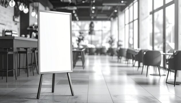Blank whiteboard on stand in modern empty caf&eacute; interior