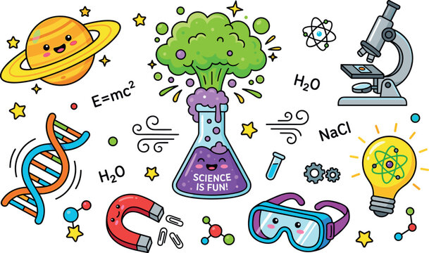 Cute kawaii style science laboratory element set with chemistry flask microscope dna and saturn vector illustration