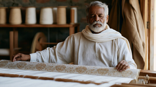 Master textile weaver adjusting shuttle tension on a floor loom with jacquard attachment, half-woven brocade showing floral repeats, spools of yarn on a creel behind, traditional