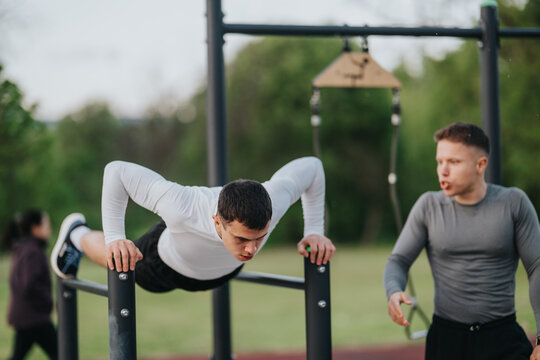 A young man performs elevated push-ups on outdoor parallel bars with a trainer coaching nearby. The coach motivates the trainee during an outdoor calisthenics workout in a park setting.