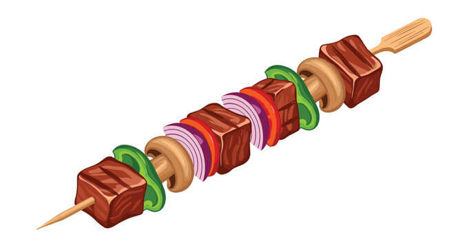Delicious looking shish kebab on a wooden skewer features grilled beef cubes peppers onions and mushrooms in detail.