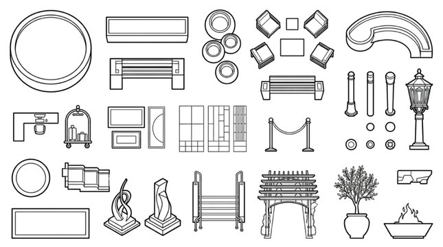Hospitality urban CAD blocks planview linework bench bollard sculpture pergola lamp fountain drafting

