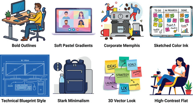 Set of diverse business and office illustration styles showcasing remote work project management technology workspace setup and modern design trends