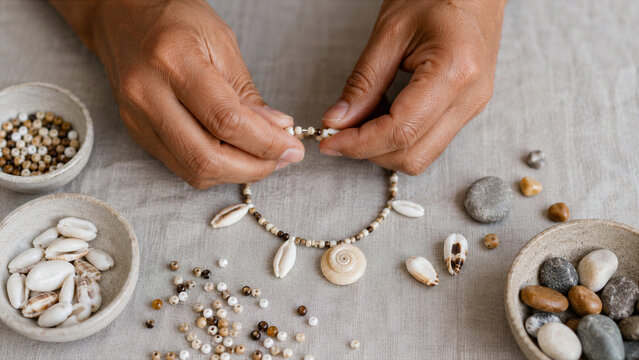 Woman hands making traditional necklace with shell and bead. Indigenous craft person creating jewelry from natural material