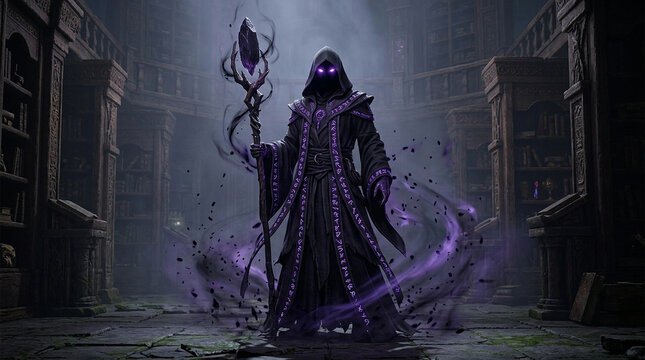 Ancient Sorcerer Chanting Spells in a Dark Magical Library